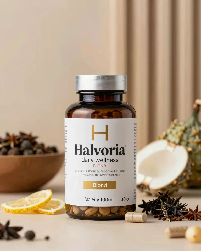 Halvoria daily wellness blend supplement bottle